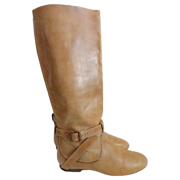 Chloe Womens Beige Tan Knee High Leather Boots Mid Calf EU 37 Slip-On Flat Heel - Picture 2 of 12